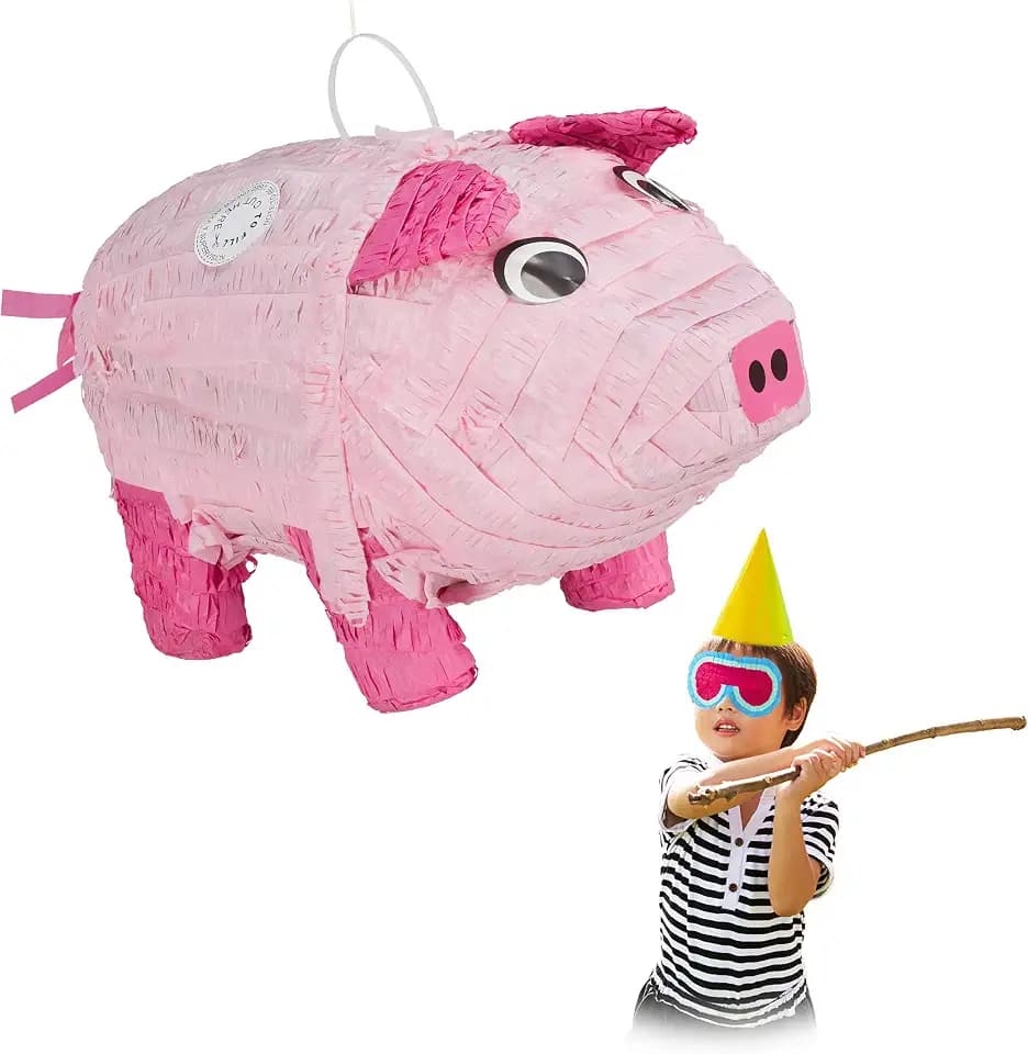 Relaxdays Pinata Schwein, zum Aufhängen, Kinder, Mädchen & Jungs, rosa