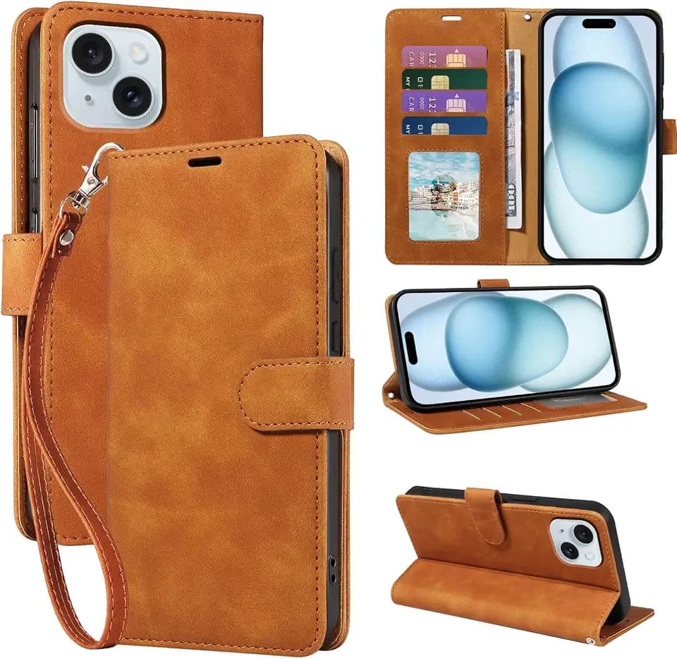 for iPhone 15 Wallet Case RFID Blocking 4 Card Slots, Brown