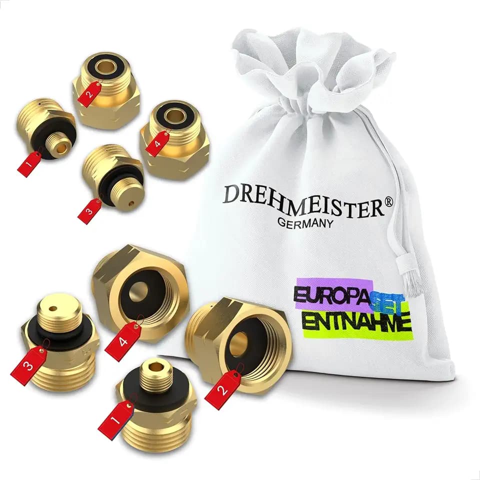 Gas Adapter Gasflaschen Anschlussset Europa - KLF Geräte - Nr 1-4 komplett | Gasflaschen Adapter Set - Gasadapter Propan Flaschen - Druckminderer - Wohnwagen - Wohnmobil - Camping - Gasherd - Grill