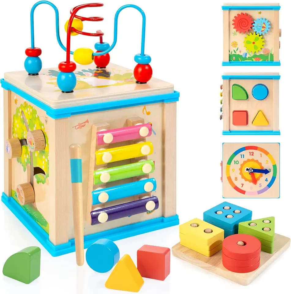 WOODMAM Wooden 7-in-1 Activity Cube, Montessori Toys for 1 2 Year Old