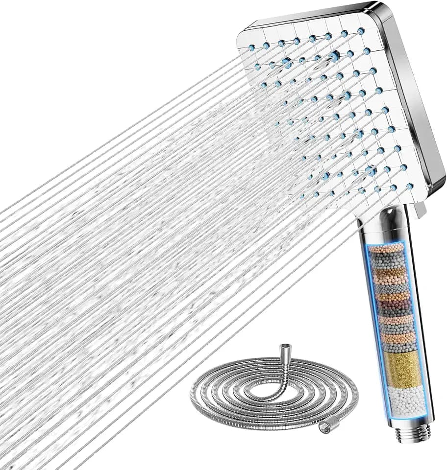 Cobbe Duschkopf mit Filter, Hochdruck Handbrause mit Filtration in 20 Schichten 1,5M Schlauch, 6 Strahlarten Quadratisch Sparduschkopf, Chrom