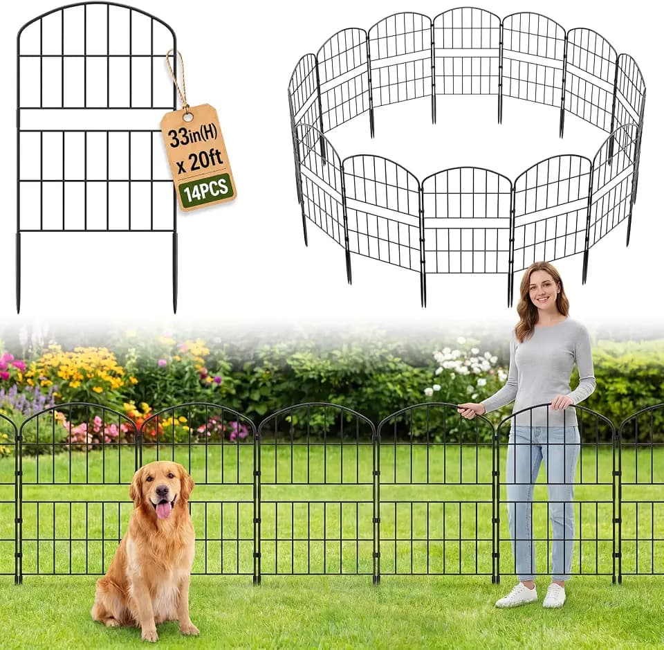 KIMAZO 32.5in (H) x 20ft (L) Tall Decorative Garden Fence - 14 Pack Garden Fencing, Rustproof Metal Wire Panel Border Animal Barrier for Dog, Flower Edging for Yard Landscape Patio Outdoor Decor