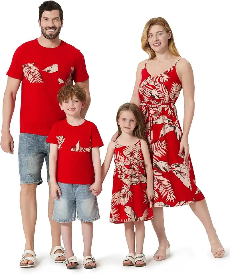 PATPAT Family Matching Outfits Mommy and Me Dresses Hawaiian Tropical Vacation Beach Spaghetti Strap Dress and Shirt