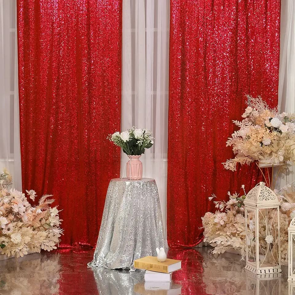 Poise3EHome Red Sequin Backdrop Curtain, 2 Panels 2Ft x 8Ft Glitter Photography Back Drop for Wedding Birthday Christmas Valentines Day Carnival Party Decorations
