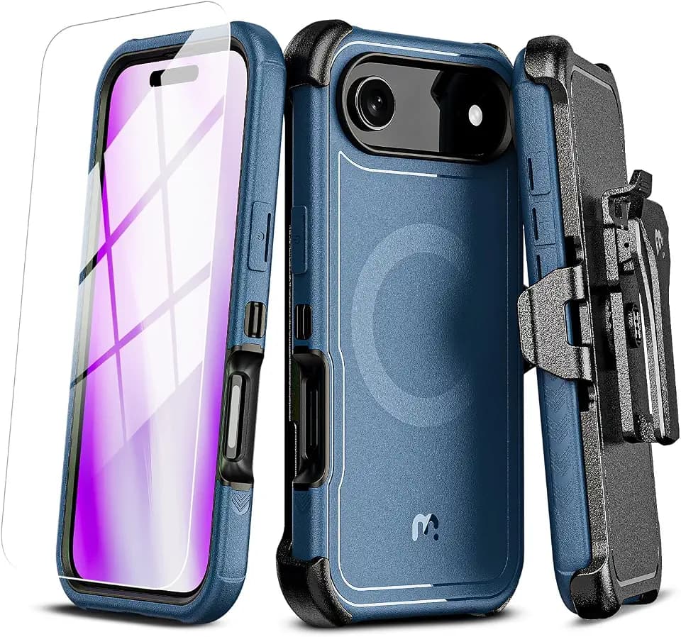 M MYBAT PRO for iPhone Air Case with Belt Clip Holster,[Compatible with Magsafe] w/Screen Protector,Anti-Drop,Shockproof,w 360°Rotating Kickstand,Heavy Duty Protection (Blue) (Blue)