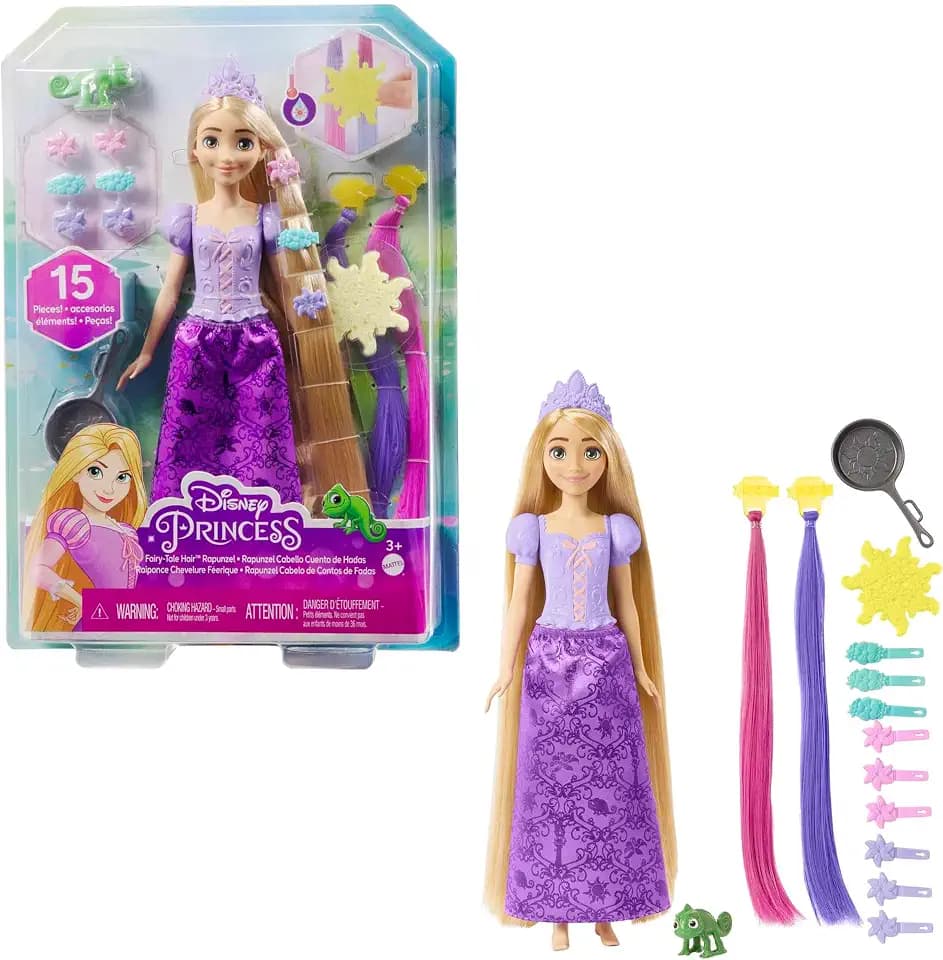 Disney Prinzessin-Spielzeug, Rapunzel-Puppe mit Haarverlängerungen mit Farbwechseleffekt und Hair-Styling-Zubehör, inspiriert vom Disney-Film