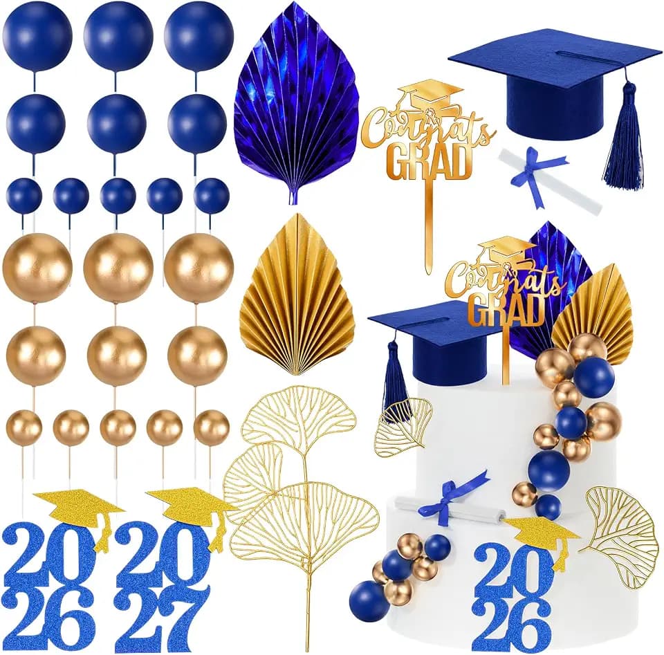 Panelee Graduation Cake Toppers Set for Class of 2026 Grad Cap, Blue,Gold