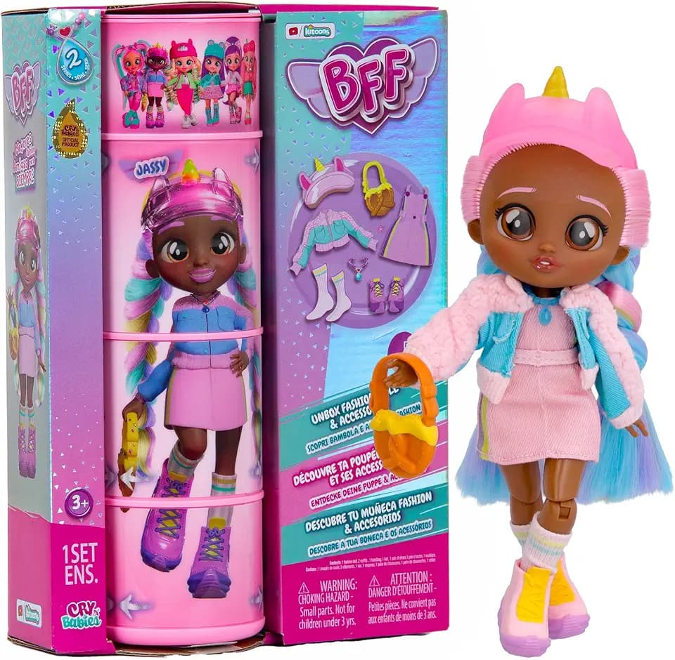BFF by Cry Babies S2 Jassy Modepuppe zum Sammeln mit Langen Haaren, Stoffkleidung & 9 Accessoires – Spielzeug Geschenk für Mädchen und Jungen ab 5 Jahren