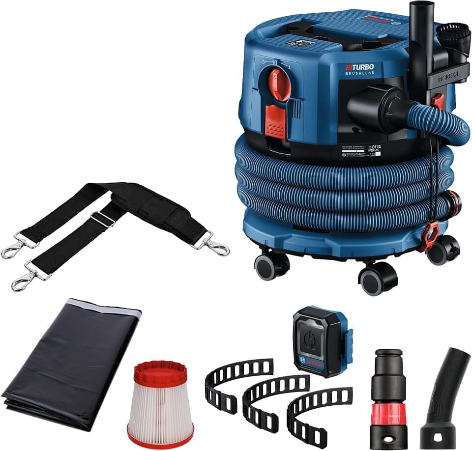 BOSCH Professional 18V System Cordless Dust Extractor Gas 18V-12 MC (M-Class dust Protection, HEPA Filter, incl. GCT 30-42, 3X Flexible Rubber Band, Multiple Accessories, Without Battery/Charger)