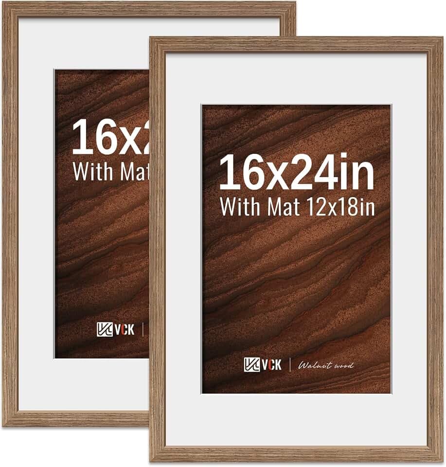VCK 16x24 Frame 2 Pack, Walnut Wood, 12x18 Mat, for Picture Print