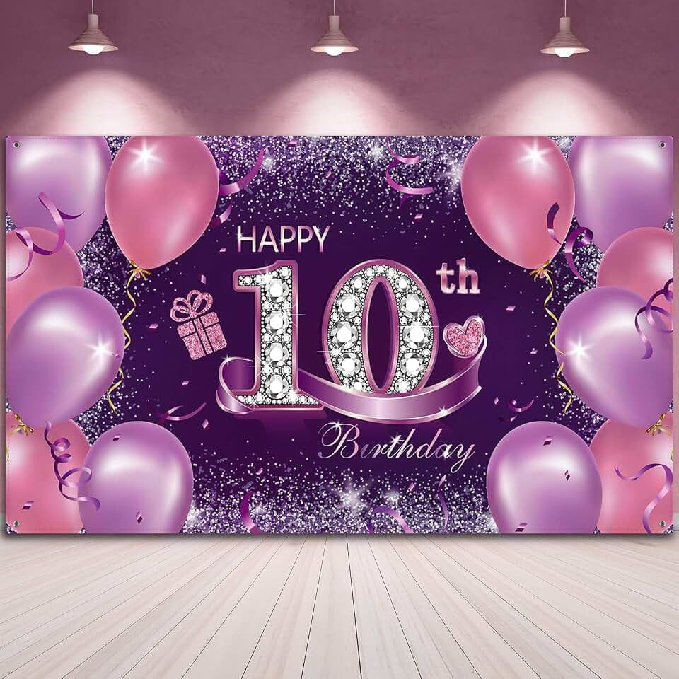 Sumind 10th Birthday Banner Happy 10th Birthday Decorations for Girls Double Digits Era Party Supplies Purple Sign Banner Photo Booth Backdrop Background with Rope for Anniversary 72.8 x 43.3 Inch