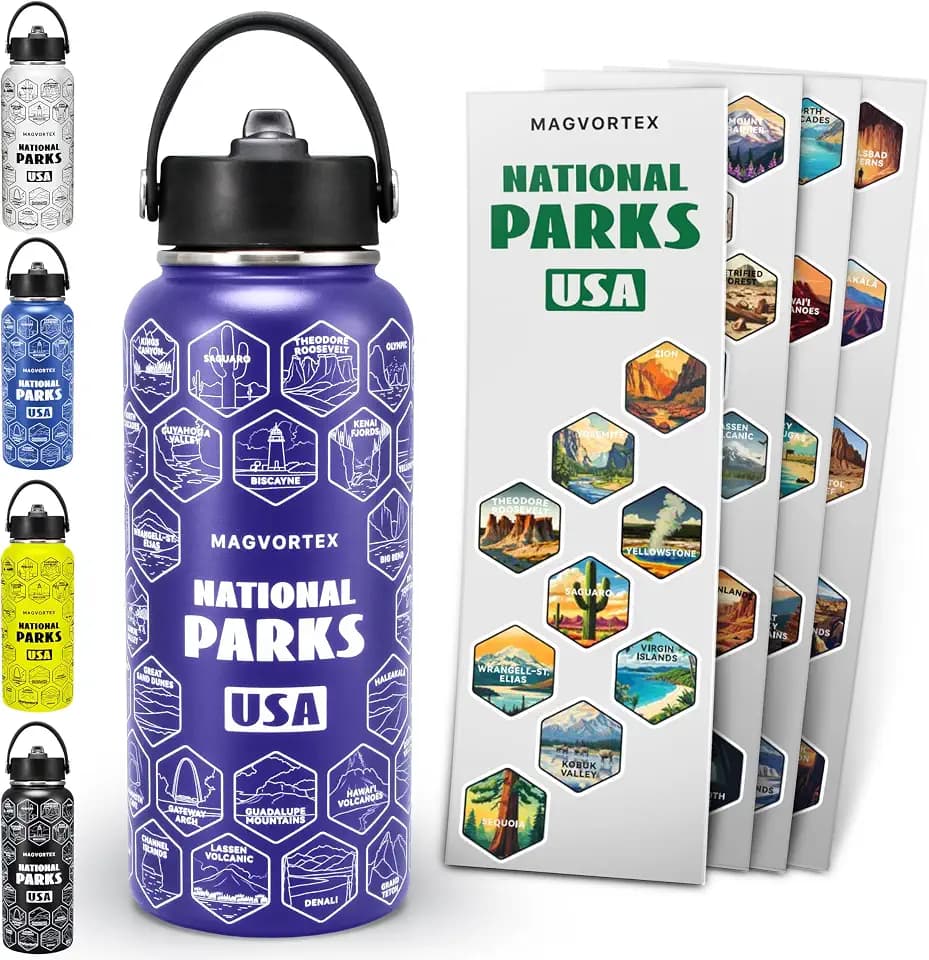 National Parks Purple Water Bottle with Durable Stickers – 32oz Insulated Stainless Steel Water Bottle with Spout – Insulated for Cold and Hot Drinks – Metal Bottle for Gym, Hiking, Camping