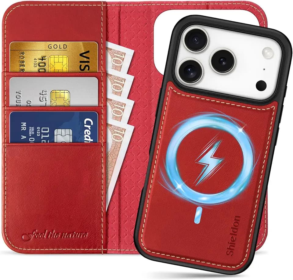 SHIELDON 2 in 1 Leather Case Wallet for iPhone 18 Pro/17 Pro, Retro Red