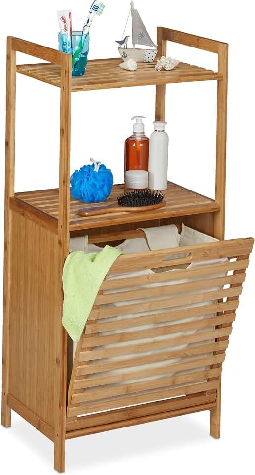 Relaxdays Wäscheschrank mit Wäschekorb, Natur | Bambus Badregal mit ausklappbarem Wäschesammler, HBT 100 x 45,5 x 33,5 cm