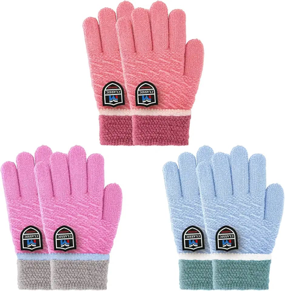 Winter Kinder Handschuhe, 3 Paar Vollfinger Handschuhe für Jungen und Mädchen, Warme Strickhandschuhe Stretch für 4-10 Jahre