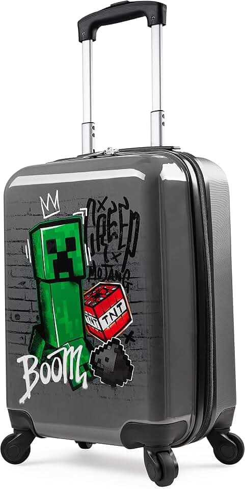 Minecraft Trolley für Kinder Reisekoffer mit Reißverschlussfach + aufklappbarem Griff mit 4 Rollen Maße 49 x 33 x 22 cm Reisetrolley für Mädchen und Jungen, Grau