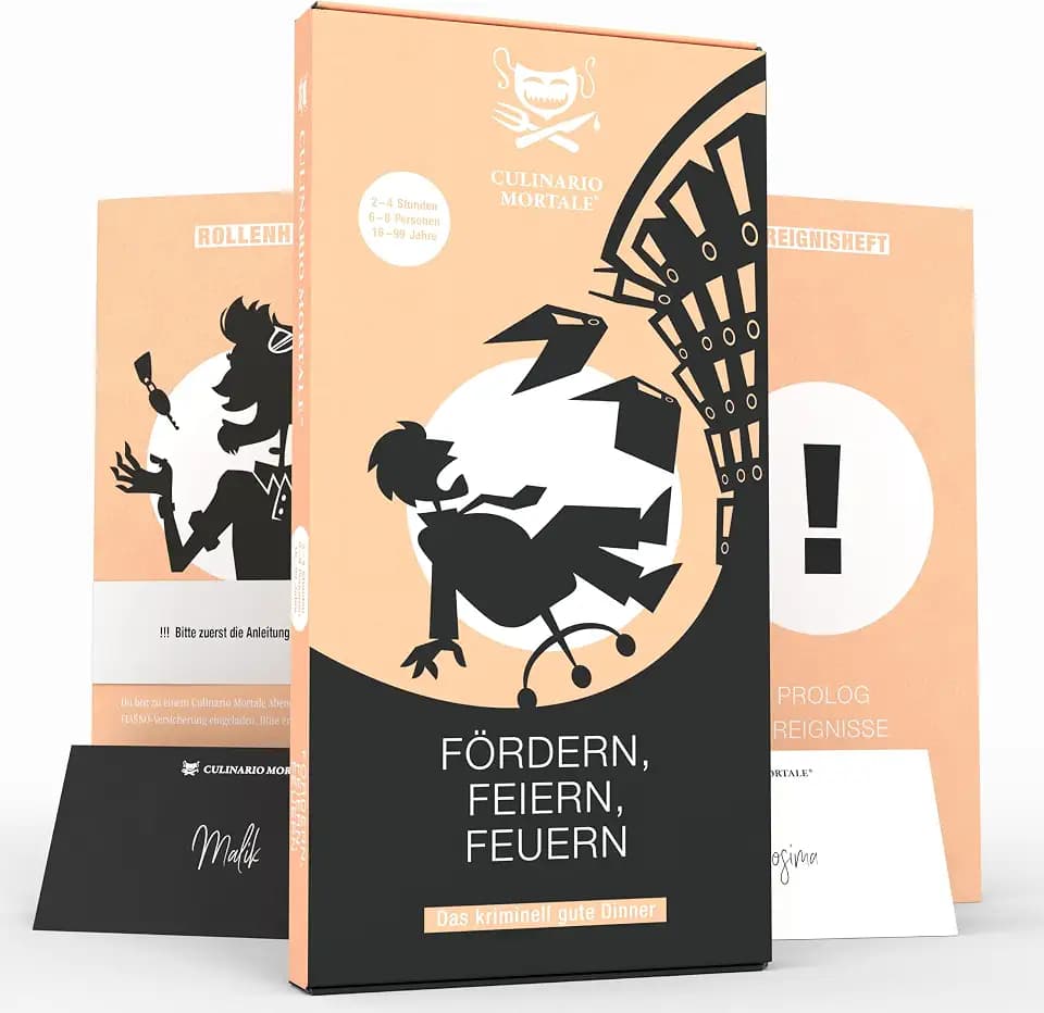 CULINARIO MORTALE® – Fördern, feiern, feuern - Krimidinner für Zuhause für 6 bis 8 Personen - unterhaltsames Krimi Dinner für Zuhause - Krimispiele für Erwachsene