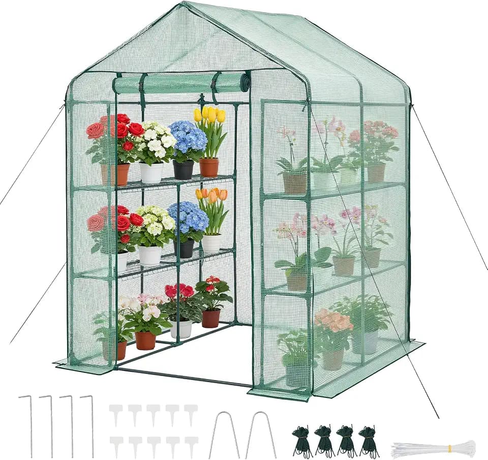 VEVOR Walk-in Greenhouse, 55.5" x 56.1" x 78.7" Greenhouse for Outdoors with PE Cover, 2 Tiers 8 Shelves, Roll-Up Zipper Door, Walk in Green House, Portable Plant Garden Hot House for Backyard Outside