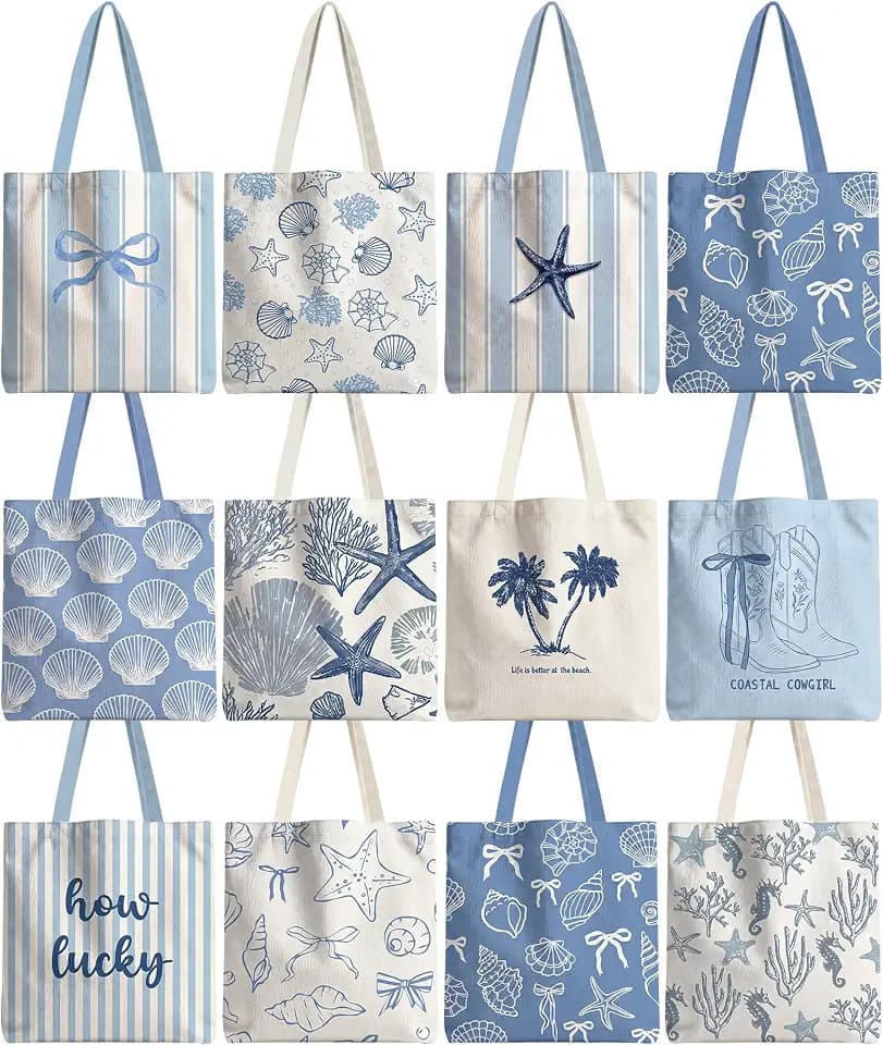 Reginary 12 Pcs Coastal Canvas Tote Bag Bulk Reusable Beach Bag for Women