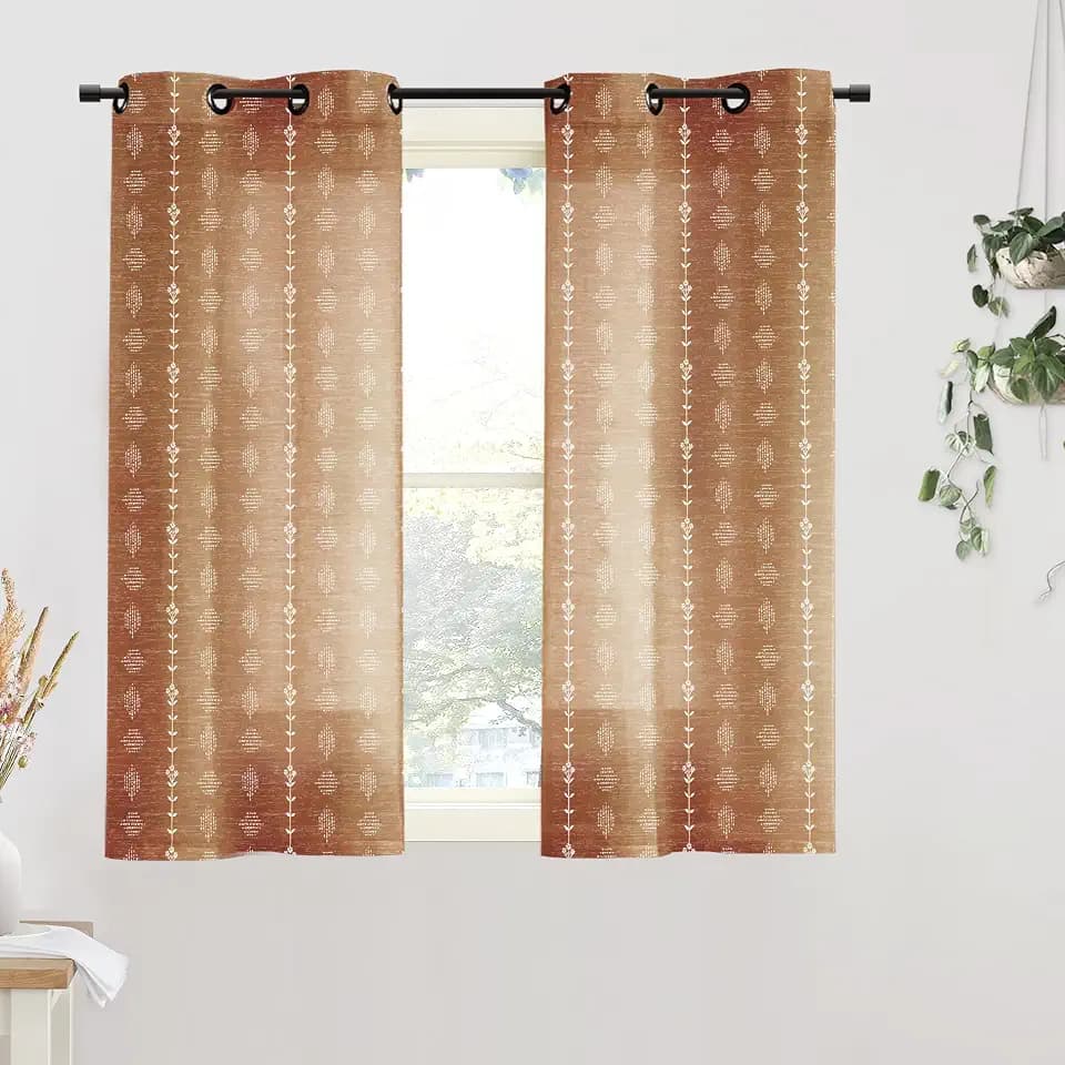 Lino Rosa Short Boho Curtains for Windows, 45 Inch Semi Sheer Terracotta Burnt Orange Pattern Vintage Drapes for Kitchen Window & Bedroom