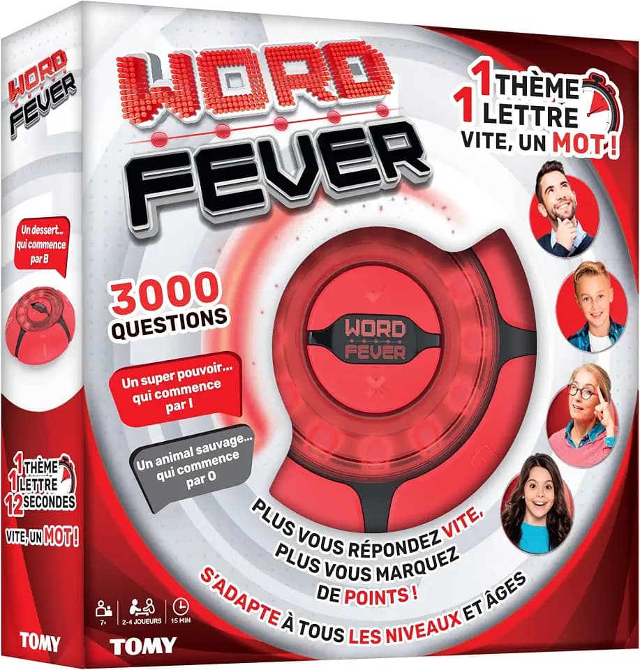 TOMY Word Fever Elektronisches Ratespiel/Wortsuche mit Sounds, 3000 Fragen – Familie, geeignet für Erwachsene und Kinder ab 7 Jahren