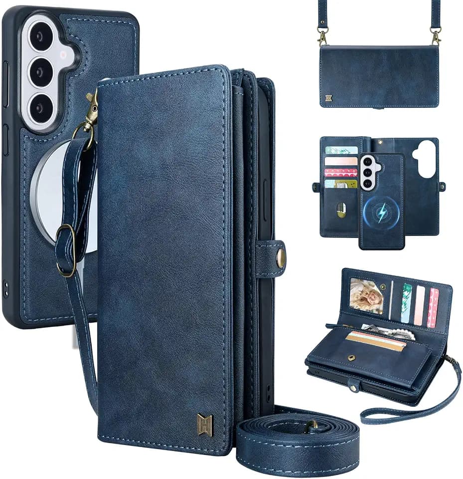 for Wallet Case Compatible with Samsumg Galaxy S26 Multi-Function Detachable 2 in 1 Magnetic Phone Case Wallet,Flip Strap Zipper Card Holder Phone Case with Shoulder Straps (Darkblue)