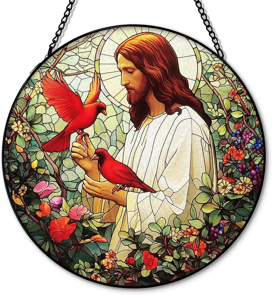 Jesus Cardinal Suncatcher Stained Glass Window Hanging, Christian Jesus Cardinal Flower Sun Catchers Indoor Window Glass Round Wall Decor, Religious Wall Art Hanging Decorations, 7.8＂x7.8＂