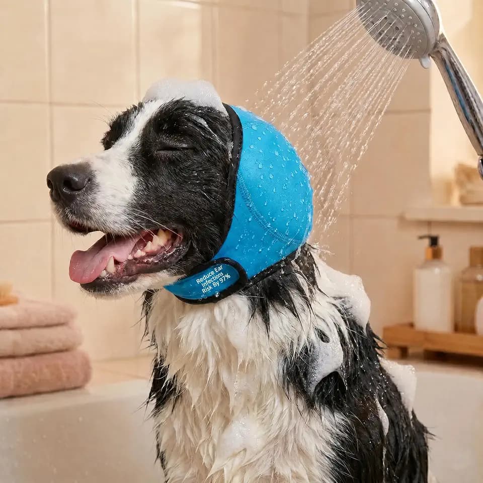 Waterproof Dog Ear-Cover for Bath: Keep Water Out During Bath Time - Reduce Ear Infection Risk By 97% - Anti-Slip Fit for Medium Breeds Cocker Spaniel/Beagle/Springer Spaniel