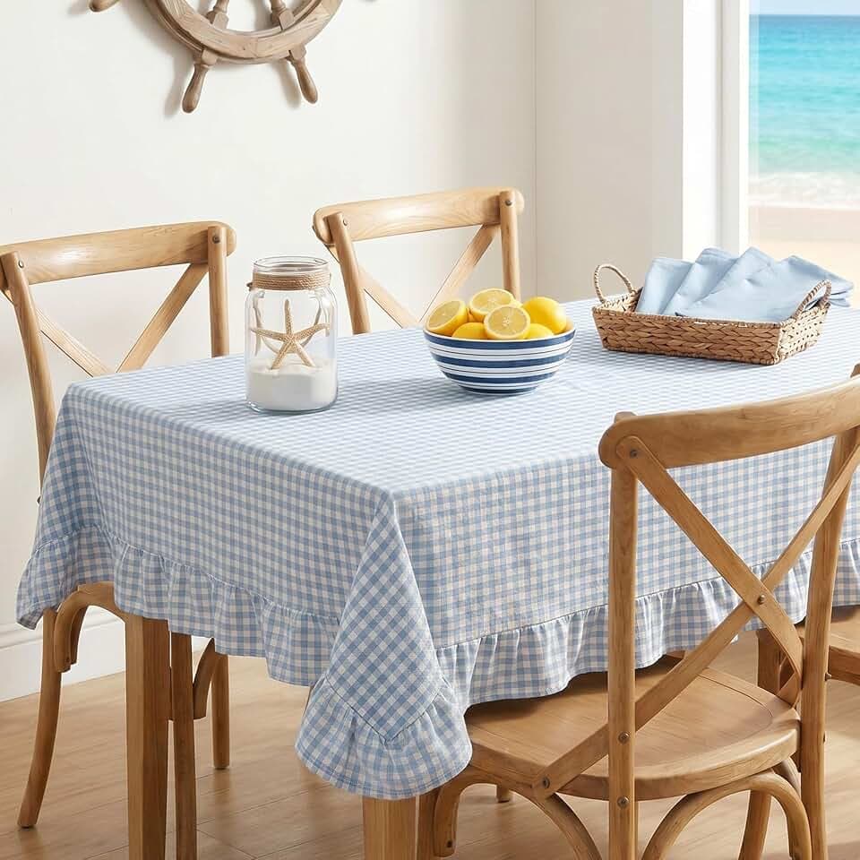 Mindsoft Sky Blue Gingham Ruffled Tablecloth, 52 x 70 Inches, Rectangle