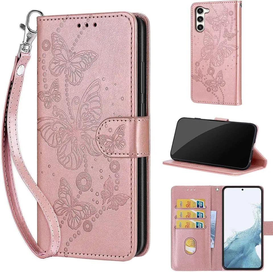 Wallet Case for Samsung Galaxy S23 Plus, Rose Gold Butterfly