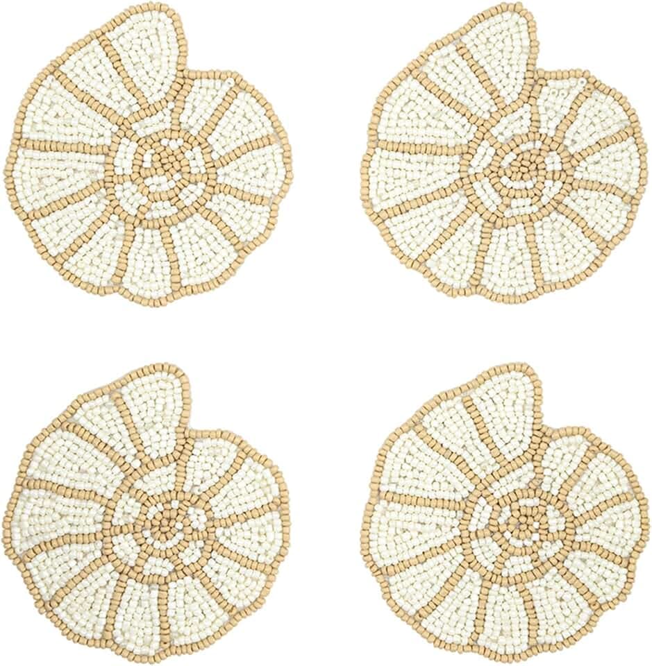 Santa Barbara Design Studios Coasters - Sea Shell Beaded Coaster Set, 4-Count, White Gold