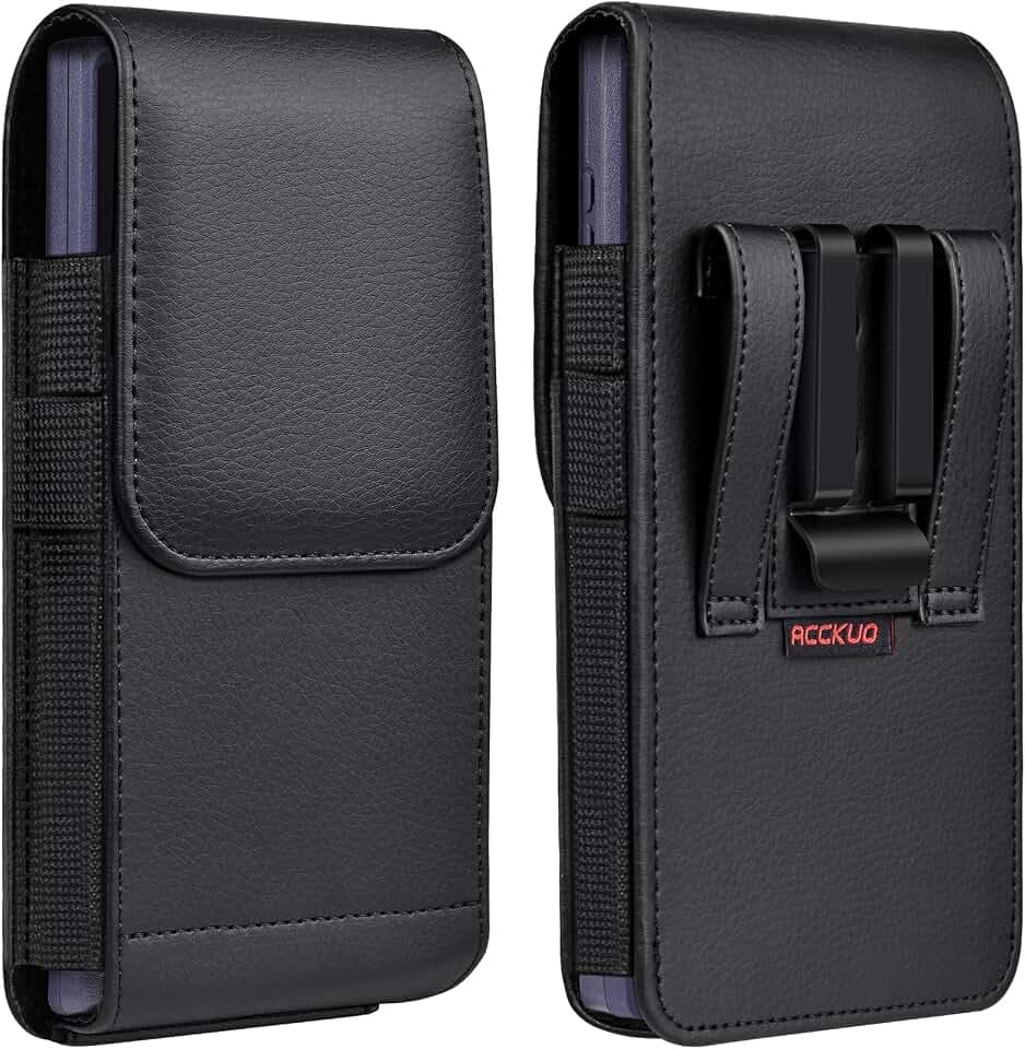 ACCKUO Leather Phone Holster with Strong Metal Belt Clip and Magnetic Closure Compatible with iPhone 16/15/14/13/12 Pro Max, Galaxy S25/S24/S23/S22 Plus & FE, L-Black