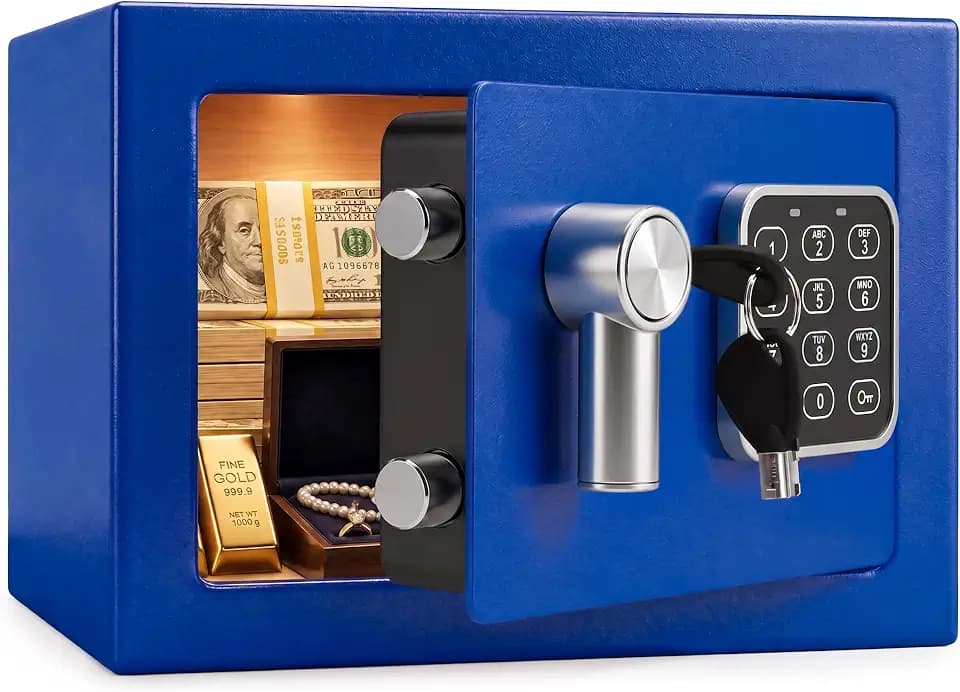 SereneLife Premium Steel Digital Safe Box - 9.1" x 6.7" x 6.7" | Secure Storage for Cash, Firearms & Jewelry | Great For Hotels, Cabinets & Home Use | Electronic & Mechanical Access | 2 Keys | Blue