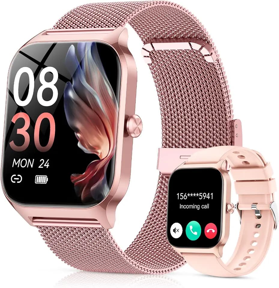 CASCHO Smartwatch Damen mit Telefonfunktion, 1.85'' Smart Watch, 120+Sportmodi Fitnessuhr mit Herzfrequenz/SpO2/Schrittzähler/Schlafmonitor, IP68 Fitness Tracker für iOS Android,2 Armbänder,Roségold