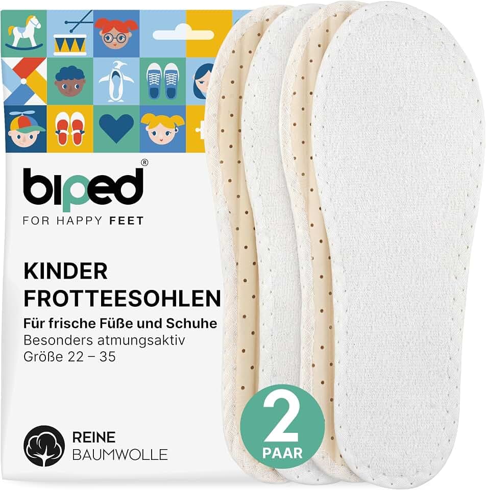 biped 2 Paar Kinder Barfußsohlen - Frottee Einlegesohlen aus 100% Baumwolle und weicher Latex Dämpfung - Schuheinlagen gegen Fußgeruch und Bakterien z2789