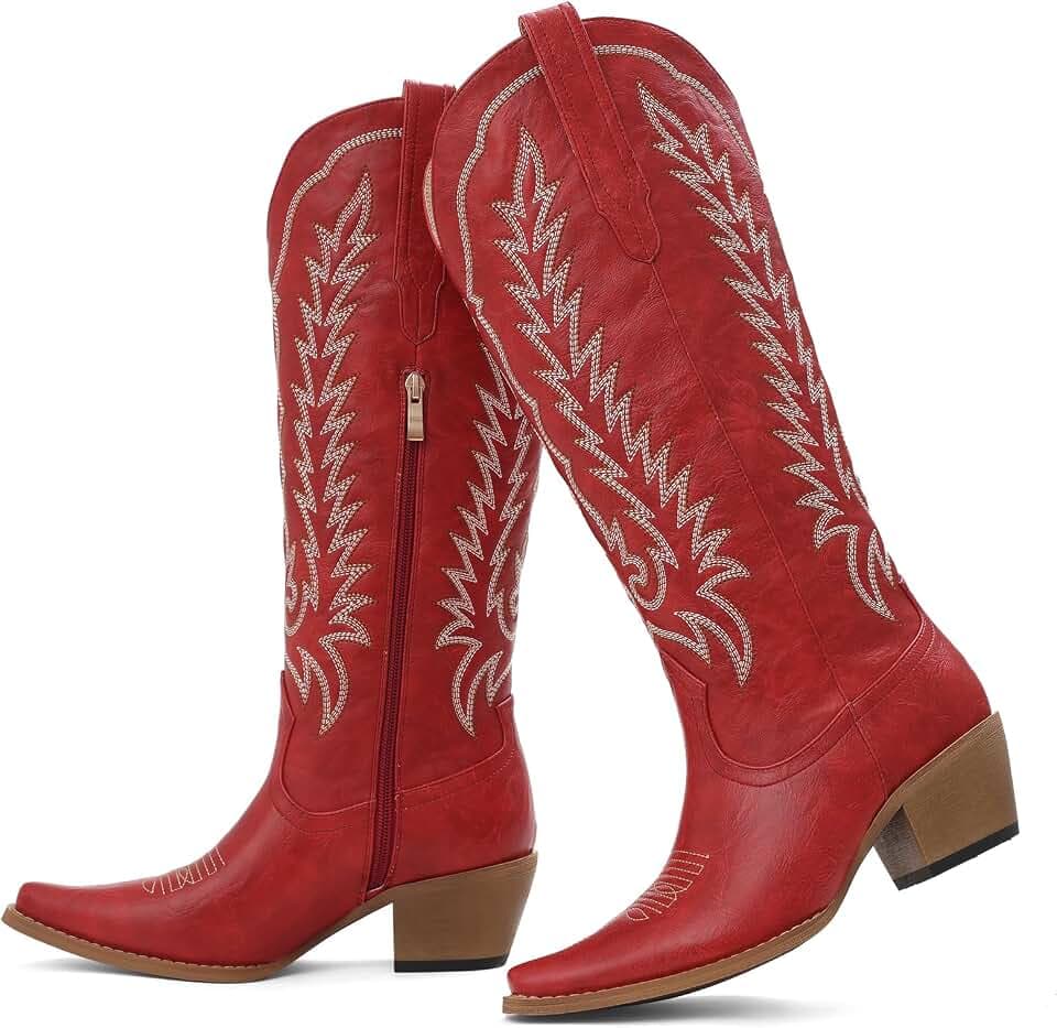 Tscoyuki Cowboy Boots for Women - Western Cowgirl Boots Knee High Snip Toe
