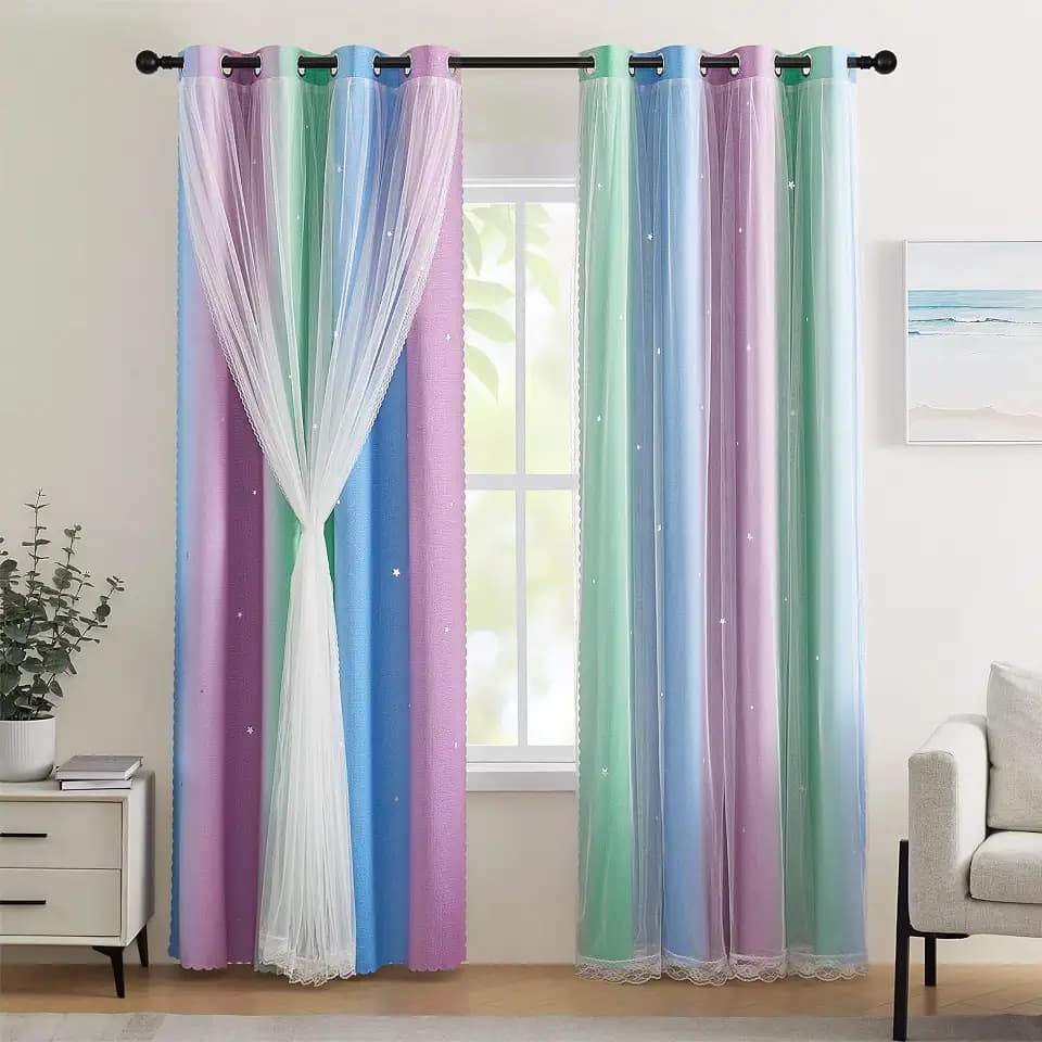 XiDi Blackout Curtains for Girls Bedroom Decor 45 inches Long Window Curtains Colorful Rainbow Design 2 Panel, Kids Room Unicorn Princess Theme Home Decor Ombre Drapes Green Purple Blue W34 X L45