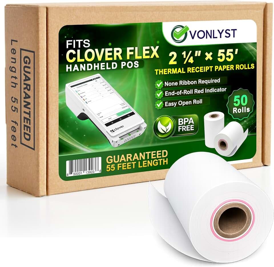 Clover Flex Paper Rolls 2 1/4" x 55’ Thermal Receipt Paper – 50 Rolls Pack - BPA Free POS Printer & Credit Card Machine Compatible C400 C401 C403 C405 C406