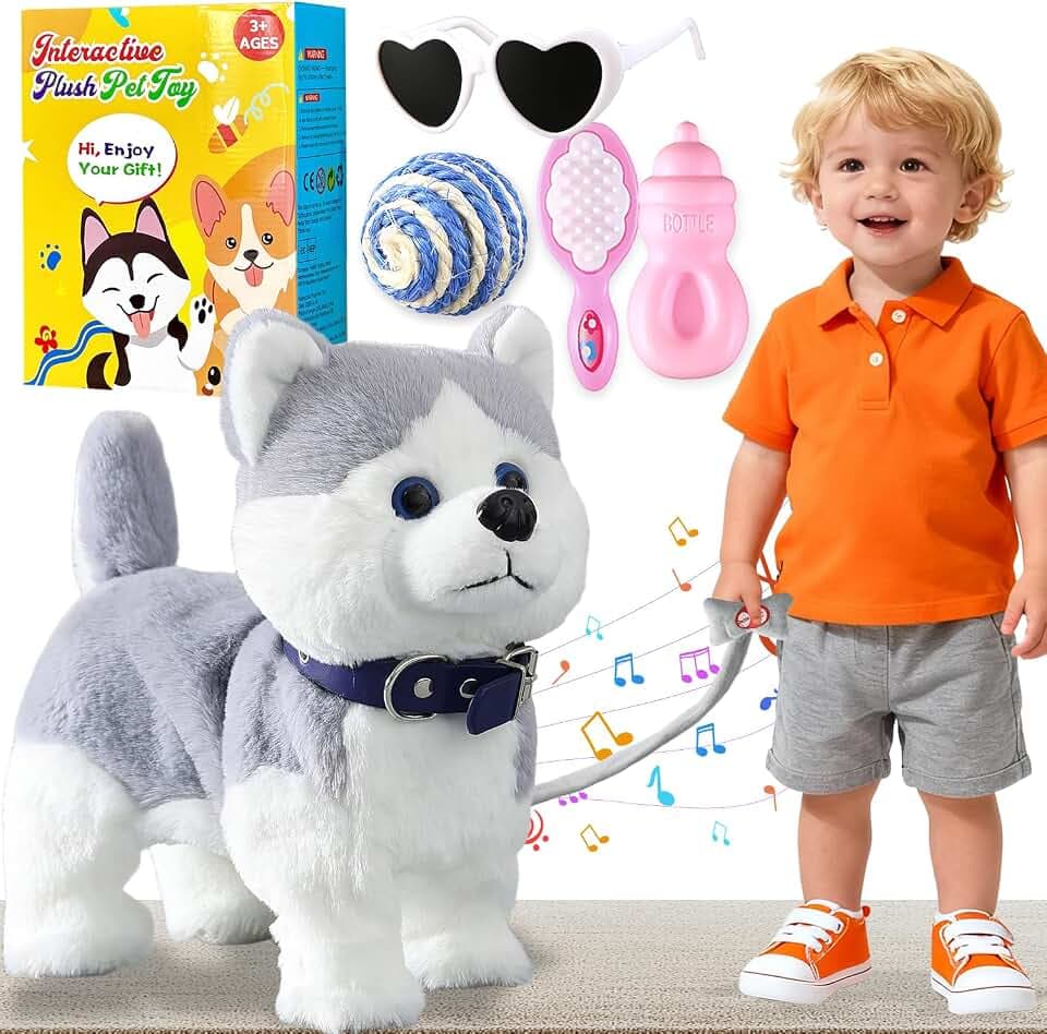 HCdoujoy Husky Walking Dog Barking Toy, Musical Singing Dancing Volume Control Interactive Puppy Walk Along with Leash, Wagging Tail Shaking Head, Robot Plush Stuffed Animal Puppy for Kid