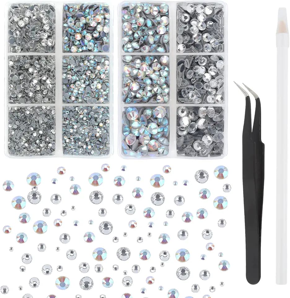 6600 Stück Hotfix Strasssteine, 12 Größen Glitzersteine Klare Strasssteine Transparenter Runde Kristall für Kleidung Kunsthandwerk gemischt mit Pinzette Kit