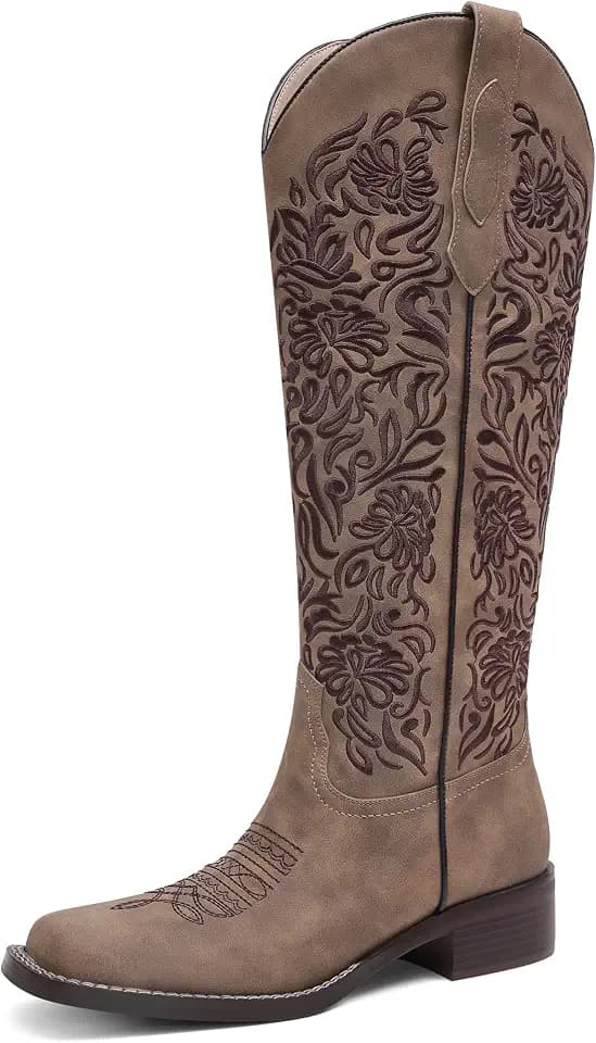 Women's Embroidered Cowboy Boots Knee High Cowgirl Riding Boots Low Block Heel Comfortable Pull On Western Square Toe Tall Boots