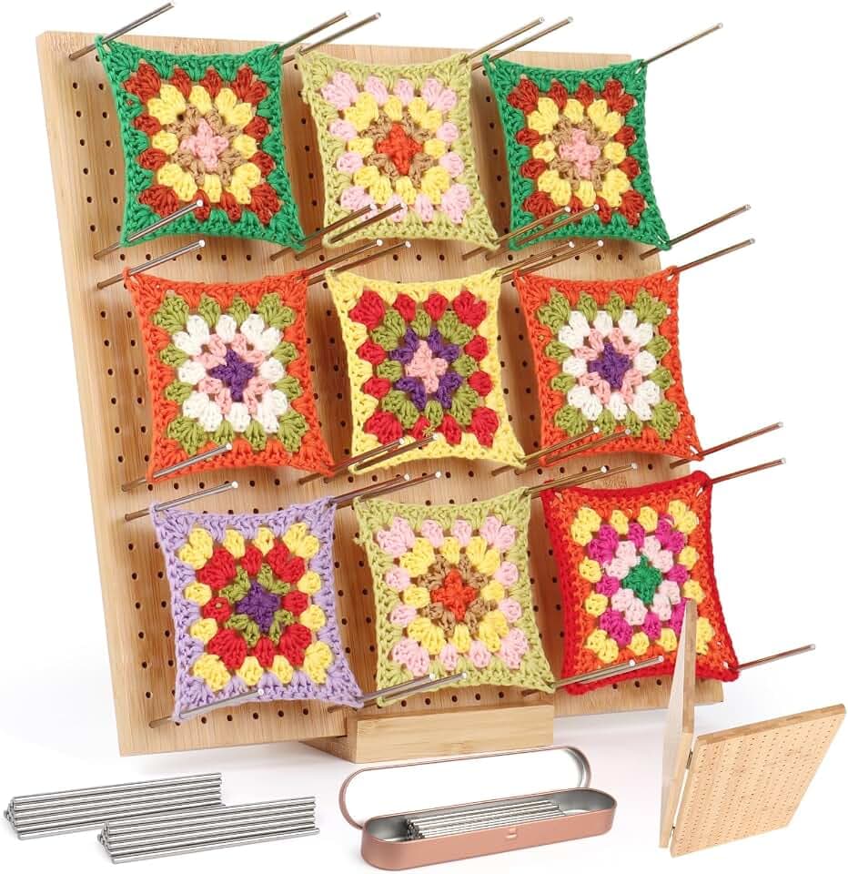 Coopay Granny Square Spanner Groß, 33 x 33 cm Blocking Board Häkeln mit 30 Edelstahl Stabstiften, Faltbar Bambus Spannbrett für Granny Squares Spannen, Strick- und Häkelprojekte, Blocking Board 33 cm
