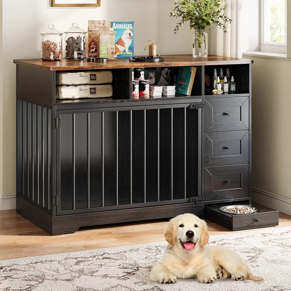 GarveeLife 48'' Dog Crate Furniture with Bowl, Medium Dog Cage, Black