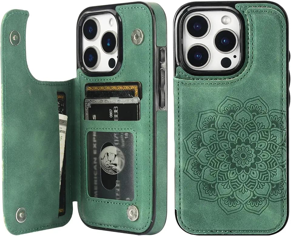 Vaburs for iPhone 16 Pro Wallet Case Mandala Pattern, Dark Green