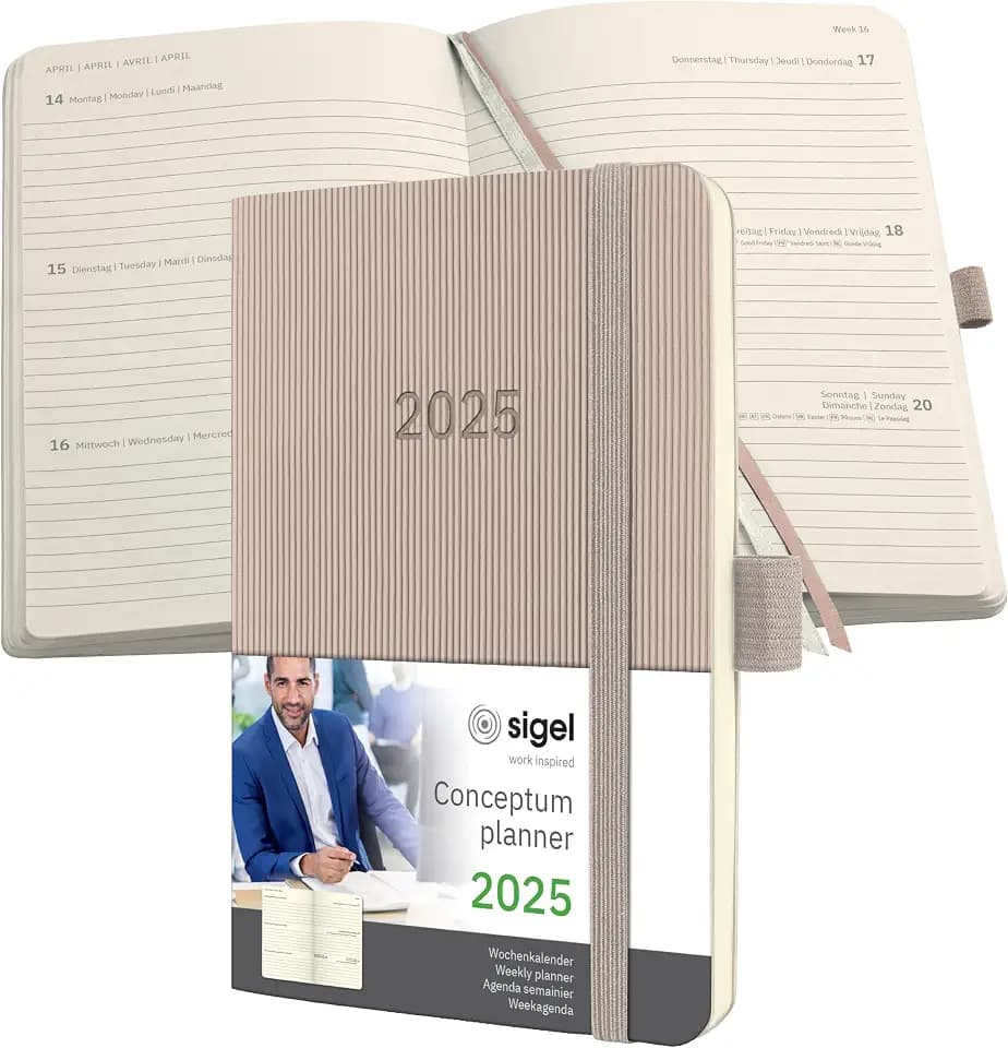 SIGEL C2531 Wochenplaner Wochenkalender 2025, ca. A6, taupe, Softcover, 176 Seiten, Gummiband, Stiftschlaufe, Archivtasche, aus nachhaltigem Papier, Conceptum
