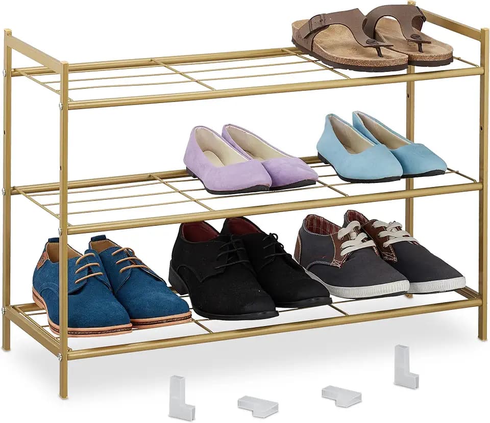 Relaxdays Metall Schuhregal, 3 Ebenen, gold, HBT 50 x 70 x 26 cm