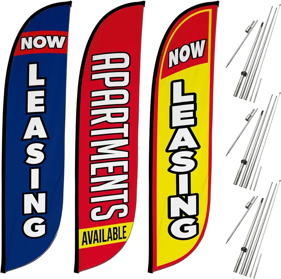 LookOurWay Real Estate Themed Feather Flag Pole Kit 3-Pack - 12 Feet Tall Now Leasing Advertising Flags with 3 Banners, 3 Pole Sets, and 3 Ground Spikes (Now Leasing Blue, Apartments Available, Now Yellow)
