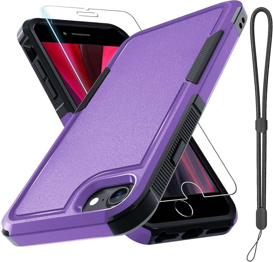 Case for iPhone 8/7/SE 2022 2020, with Screen Protector,Military Grade Heavy Duty Shockproof Phone Cover with Wrist Lanyard Strap for iPhone 8/7/SE 2nd 3rd 4.7 inch,Lavender