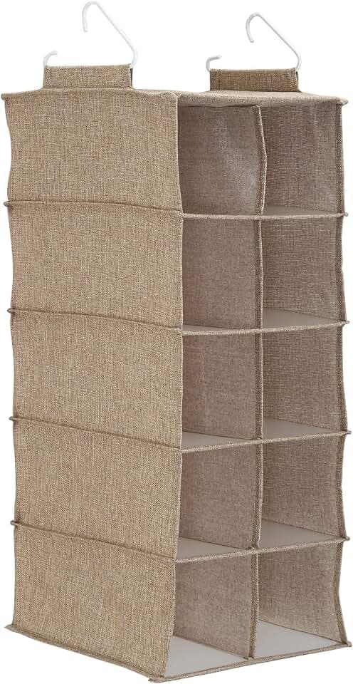 Household Essentials 10‑Pocket Hanging Shoe Organizer with Side‑by‑Side Canvas Storage and 2 Hooks for Support, Beige