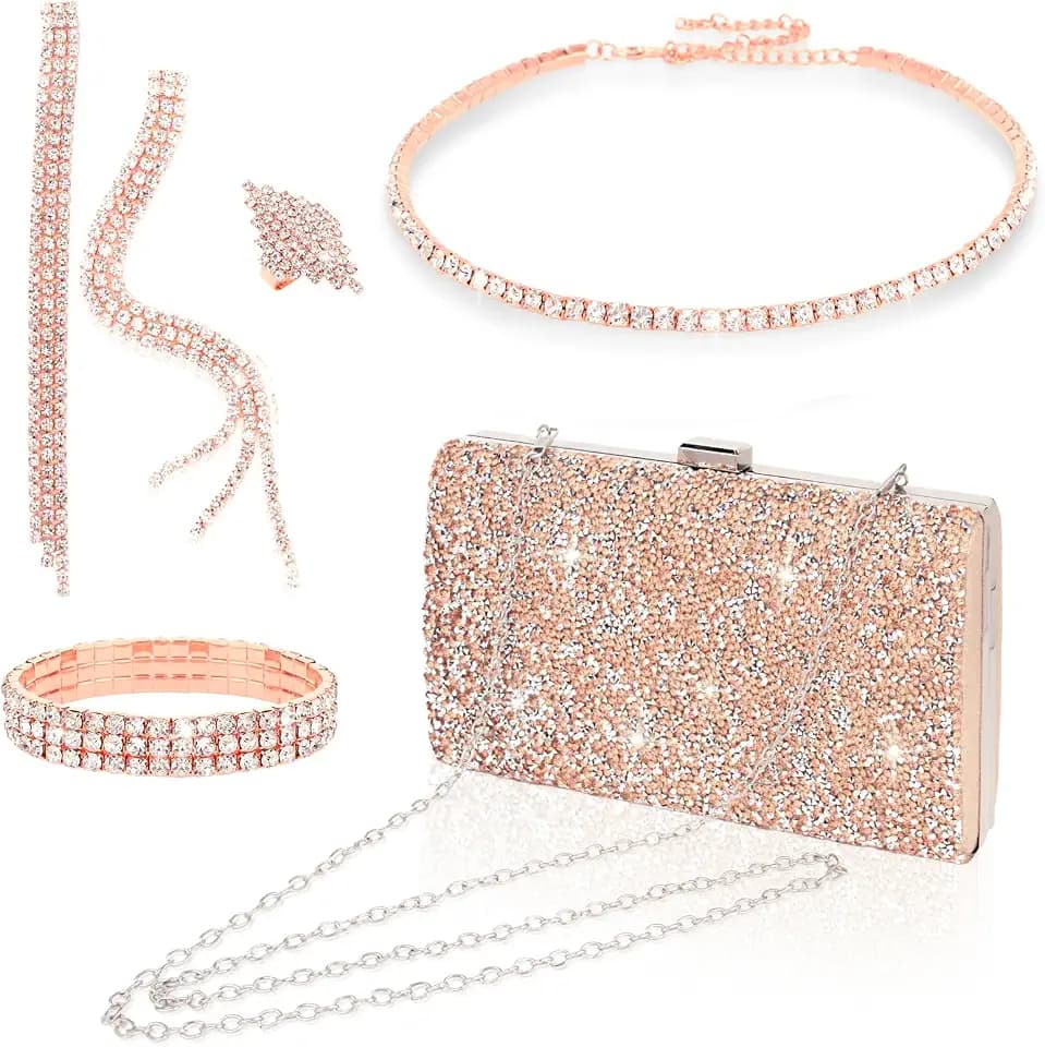 Wecoe 5pcs/set Jewelry Purse Set For Women Handbags Clutch Rhinestone Diamond Necklaces Bracelets Earrings Ring Set Wedding Bridal Prom Homecoming Costume Jewelry Formal Evening Bag Accessories